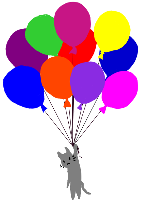A cat holding balloons. You have ten guesses left.