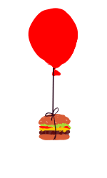 A burger hangs from a balloon. Help the cat reach it!